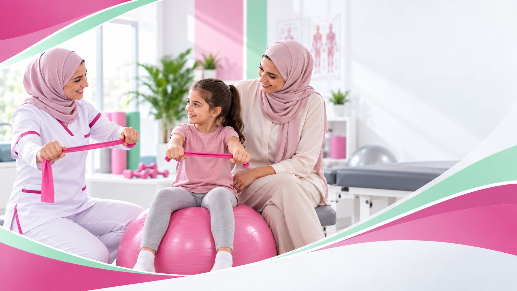 أخصائية ترويض تمرّن طفلة على كرة التوازن ووالدتها جالسة إلى جانبها
